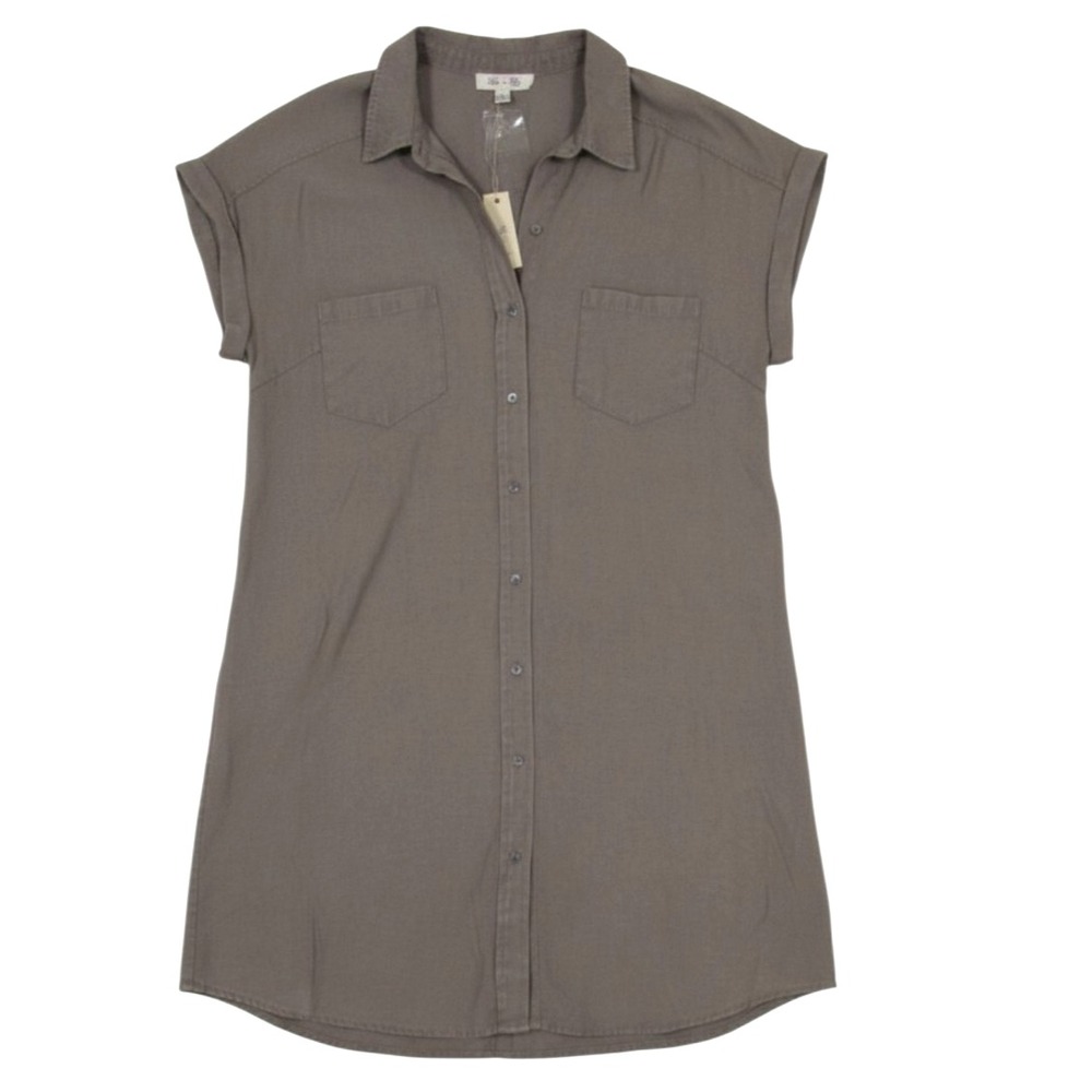 NWT SHE+SKY Gray WASHED TWILL SHIRT DRESS Button-Up 2-Pockets CUFFS Sz L
